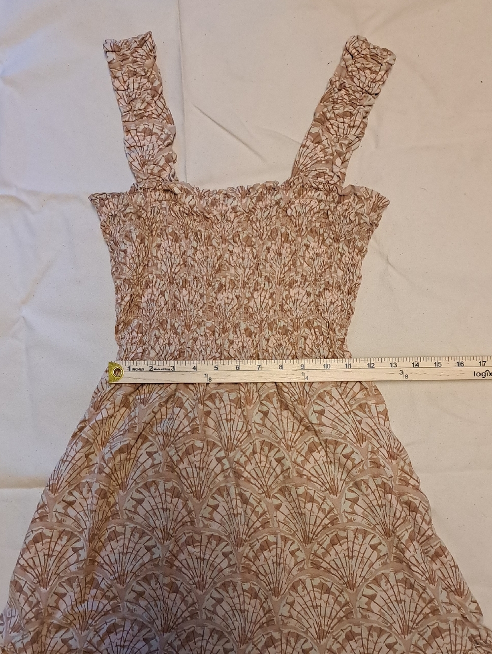 Madewell Lucie Smock Linen Blend Sun Dress with Tan And Pink Leaf Print - Size S - Picture 9 of 12